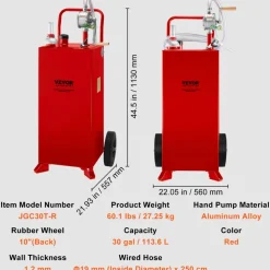 VEVOR 30 Gallon Fuel Caddy, Fuel Storage Tank on 2 Wheels, Portable Gas Caddy with Manuel Transfer Pump, Gasoline Diesel Fuel Container for Cars, Lawn Mowers, ATVs, Boats, More, Red