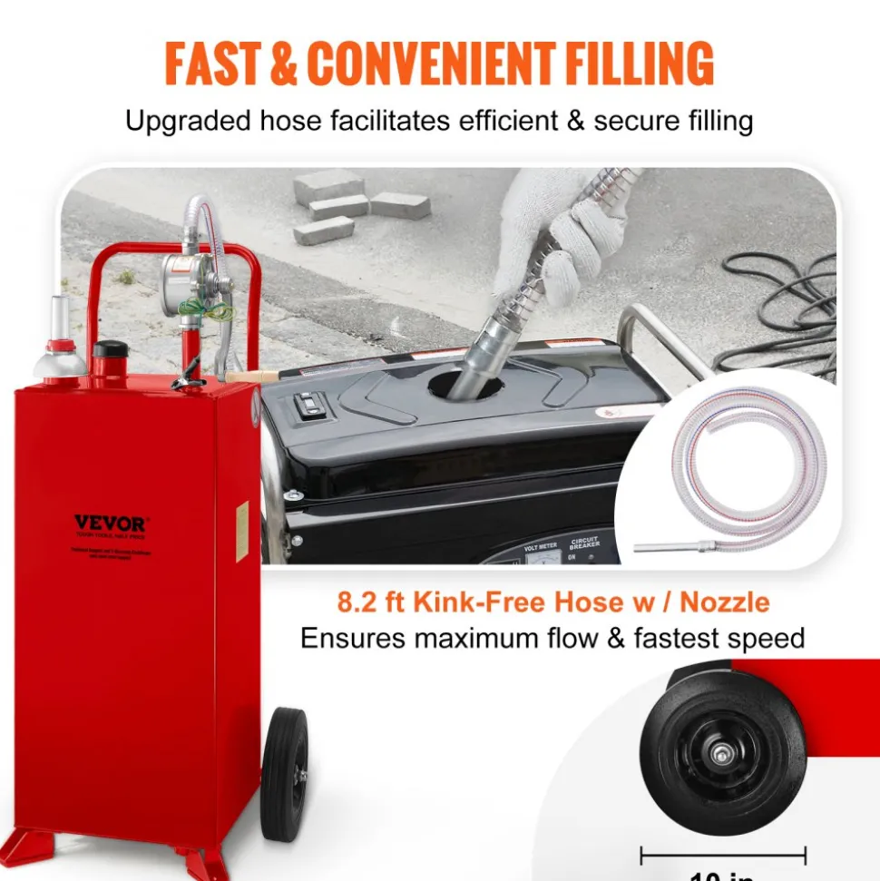 VEVOR 30 Gallon Fuel Caddy, Fuel Storage Tank on 2 Wheels, Portable Gas Caddy with Manuel Transfer Pump, Gasoline Diesel Fuel Container for Cars, Lawn Mowers, ATVs, Boats, More, Red