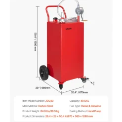 VEVOR 40 Gallon Fuel Caddy, Gasoline & Diesel Fuel Tank with Manual Transfer Pump, Portable Fuel Storage Tank with 4 Wheels & 10 ft Hose, Gas Caddy for Cars, Lawn Mowers, ATVs, Boats, More, Red