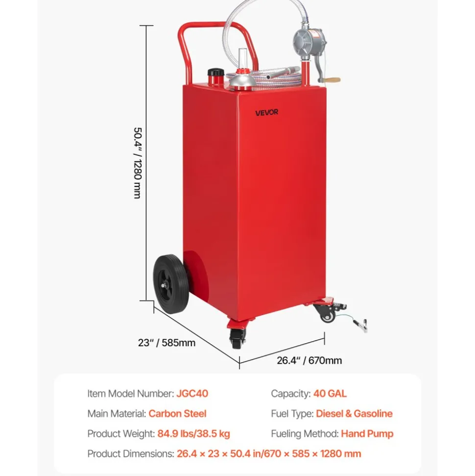 VEVOR 40 Gallon Fuel Caddy, Gasoline & Diesel Fuel Tank with Manual Transfer Pump, Portable Fuel Storage Tank with 4 Wheels & 10 ft Hose, Gas Caddy for Cars, Lawn Mowers, ATVs, Boats, More, Red