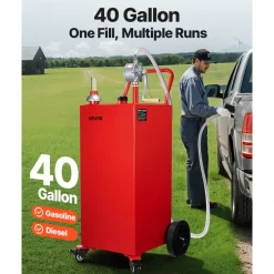 VEVOR 40 Gallon Fuel Caddy, Gasoline & Diesel Fuel Tank with Manual Transfer Pump, Portable Fuel Storage Tank with 4 Wheels & 10 ft Hose, Gas Caddy for Cars, Lawn Mowers, ATVs, Boats, More, Red