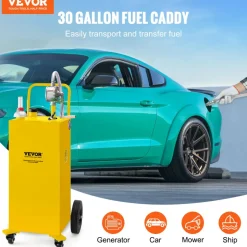 VEVOR 30 Gallon Fuel Caddy, Gas Storage Tank & 4 Wheels, with Manuel Transfer Pump, Gasoline Diesel Fuel Container for Cars, Lawn Mowers, ATVs, Boats, More, Yellow
