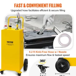 VEVOR 30 Gallon Fuel Caddy, Gas Storage Tank & 4 Wheels, with Manuel Transfer Pump, Gasoline Diesel Fuel Container for Cars, Lawn Mowers, ATVs, Boats, More, Yellow
