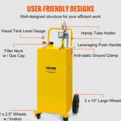VEVOR 30 Gallon Fuel Caddy, Gas Storage Tank & 4 Wheels, with Manuel Transfer Pump, Gasoline Diesel Fuel Container for Cars, Lawn Mowers, ATVs, Boats, More, Yellow