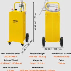 VEVOR 30 Gallon Fuel Caddy, Gas Storage Tank & 4 Wheels, with Manuel Transfer Pump, Gasoline Diesel Fuel Container for Cars, Lawn Mowers, ATVs, Boats, More, Yellow