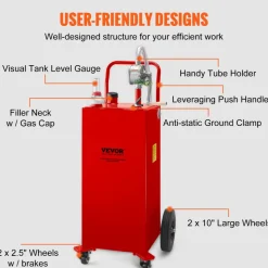 VEVOR 30 Gallon Fuel Caddy, Gas Storage Tank & 4 Wheels, with Manuel Transfer Pump, Gasoline Diesel Fuel Container for Cars, Lawn Mowers, ATVs, Boats, More, Red