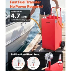 VEVOR 50 Gallon Fuel Gas Caddy, Carbon Steel, Portable Fuel Transfer Storage Tank with Manual Pump and 4 Wheels, Gasoline Diesel Can Container, for Cars, Lawn Mowers, ATVs, Boats, Motorcycles, Red