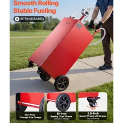 VEVOR 50 Gallon Fuel Gas Caddy, Carbon Steel, Portable Fuel Transfer Storage Tank with Manual Pump and 4 Wheels, Gasoline Diesel Can Container, for Cars, Lawn Mowers, ATVs, Boats, Motorcycles, Red