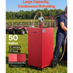 VEVOR 50 Gallon Fuel Gas Caddy, Carbon Steel, Portable Fuel Transfer Storage Tank with Manual Pump and 4 Wheels, Gasoline Diesel Can Container, for Cars, Lawn Mowers, ATVs, Boats, Motorcycles, Red