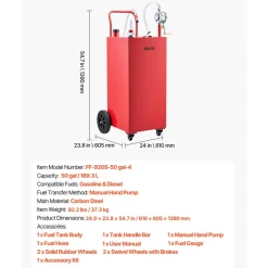 VEVOR 50 Gallon Fuel Gas Caddy, Carbon Steel, Portable Fuel Transfer Storage Tank with Manual Pump and 4 Wheels, Gasoline Diesel Can Container, for Cars, Lawn Mowers, ATVs, Boats, Motorcycles, Red