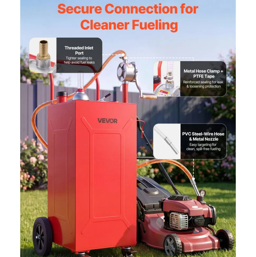 VEVOR 30 Gallon Fuel Gas Caddy, Carbon Steel, Portable Fuel Transfer Storage Tank with Manual Pump and 4 Wheels, Gasoline Diesel Can Container, for Cars, Lawn Mowers, ATVs, Boats, Motorcycles, Red
