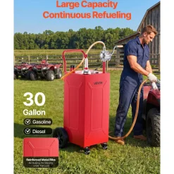 VEVOR 30 Gallon Fuel Gas Caddy, Carbon Steel, Portable Fuel Transfer Storage Tank with Manual Pump and 4 Wheels, Gasoline Diesel Can Container, for Cars, Lawn Mowers, ATVs, Boats, Motorcycles, Red