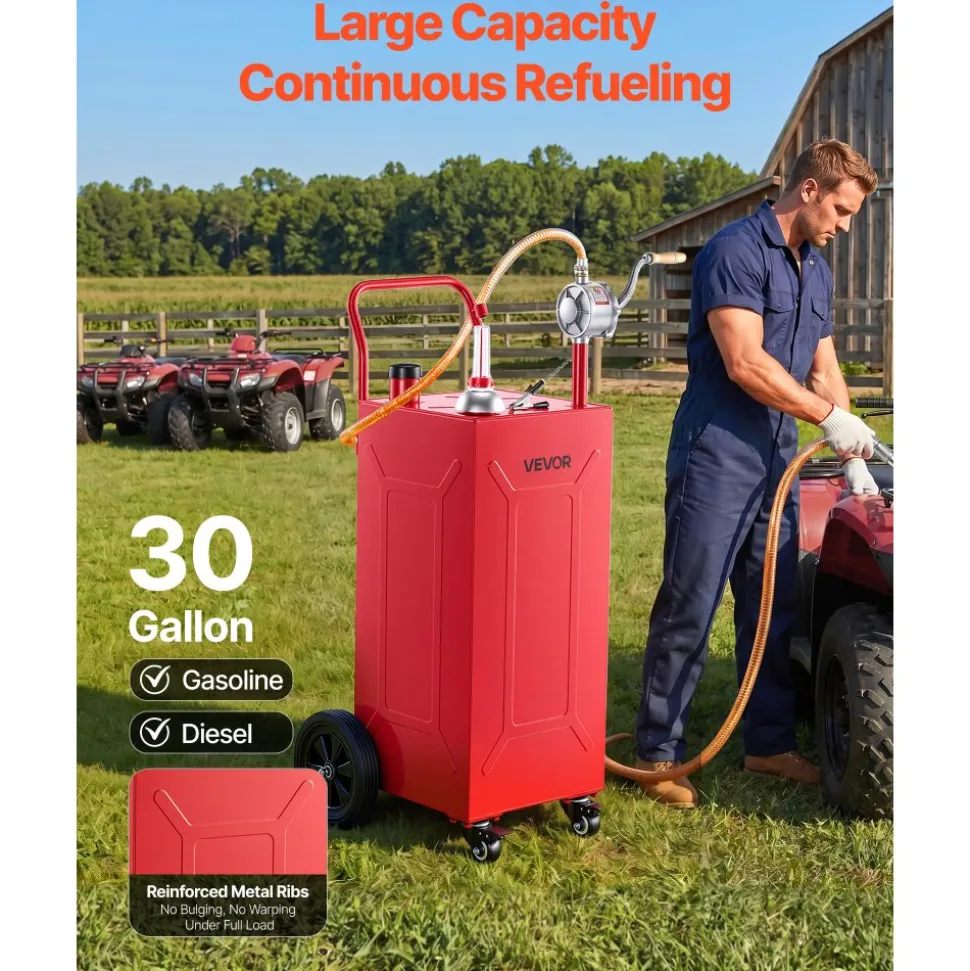 VEVOR 30 Gallon Fuel Gas Caddy, Carbon Steel, Portable Fuel Transfer Storage Tank with Manual Pump and 4 Wheels, Gasoline Diesel Can Container, for Cars, Lawn Mowers, ATVs, Boats, Motorcycles, Red