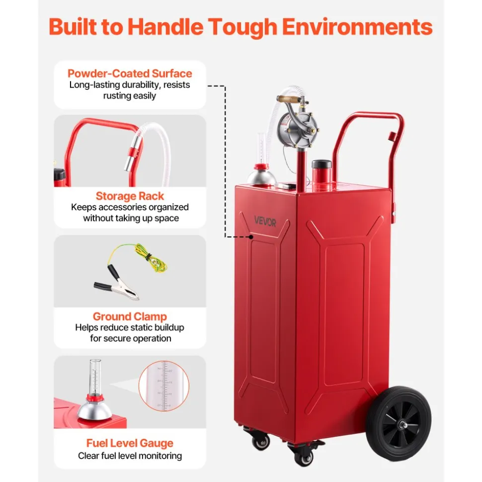 VEVOR 30 Gallon Fuel Gas Caddy, Carbon Steel, Portable Fuel Transfer Storage Tank with Manual Pump and 4 Wheels, Gasoline Diesel Can Container, for Cars, Lawn Mowers, ATVs, Boats, Motorcycles, Red