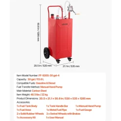 VEVOR 30 Gallon Fuel Gas Caddy, Carbon Steel, Portable Fuel Transfer Storage Tank with Manual Pump and 4 Wheels, Gasoline Diesel Can Container, for Cars, Lawn Mowers, ATVs, Boats, Motorcycles, Red