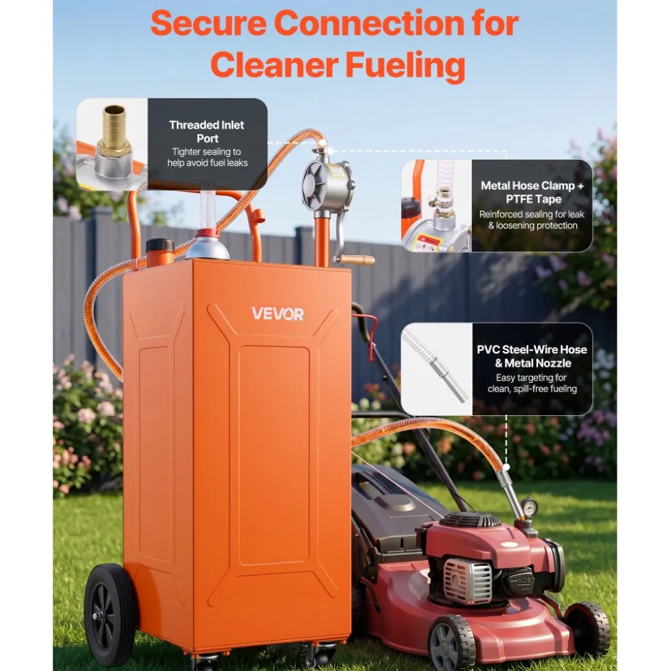 VEVOR 35 Gallon Fuel Gas Caddy, Carbon Steel, Portable Fuel Transfer Storage Tank with Manual Pump & 4 Wheels, Gasoline Diesel Can Container, for Cars, Lawn Mowers, ATVs, Boats, Motorcycles, Orange