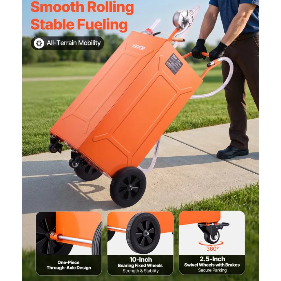 VEVOR 35 Gallon Fuel Gas Caddy, Carbon Steel, Portable Fuel Transfer Storage Tank with Manual Pump & 4 Wheels, Gasoline Diesel Can Container, for Cars, Lawn Mowers, ATVs, Boats, Motorcycles, Orange