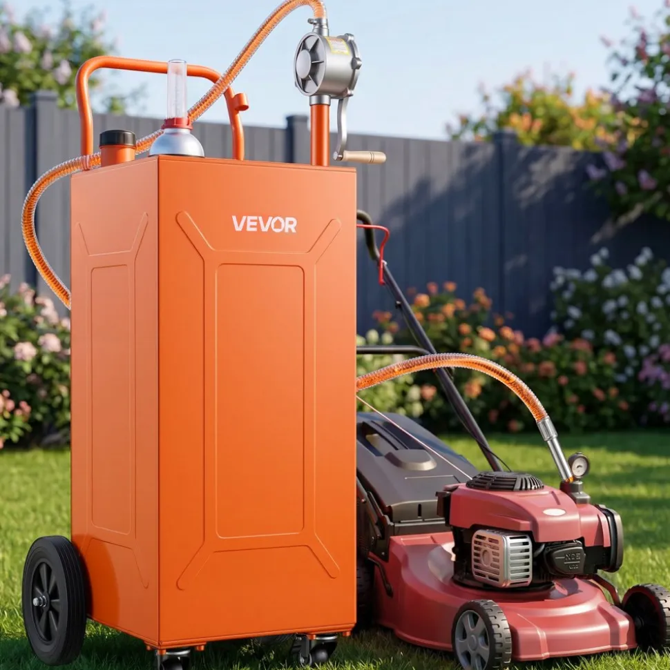 VEVOR 35 Gallon Fuel Gas Caddy, Carbon Steel, Portable Fuel Transfer Storage Tank with Manual Pump & 4 Wheels, Gasoline Diesel Can Container, for Cars, Lawn Mowers, ATVs, Boats, Motorcycles, Orange