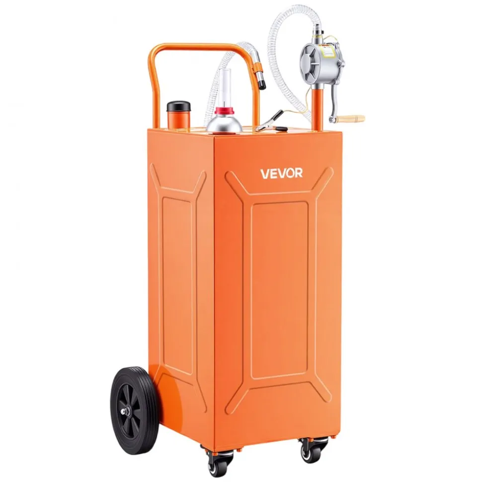 VEVOR 35 Gallon Fuel Gas Caddy, Carbon Steel, Portable Fuel Transfer Storage Tank with Manual Pump & 4 Wheels, Gasoline Diesel Can Container, for Cars, Lawn Mowers, ATVs, Boats, Motorcycles, Orange