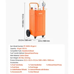 VEVOR 35 Gallon Fuel Gas Caddy, Carbon Steel, Portable Fuel Transfer Storage Tank with Manual Pump & 4 Wheels, Gasoline Diesel Can Container, for Cars, Lawn Mowers, ATVs, Boats, Motorcycles, Orange