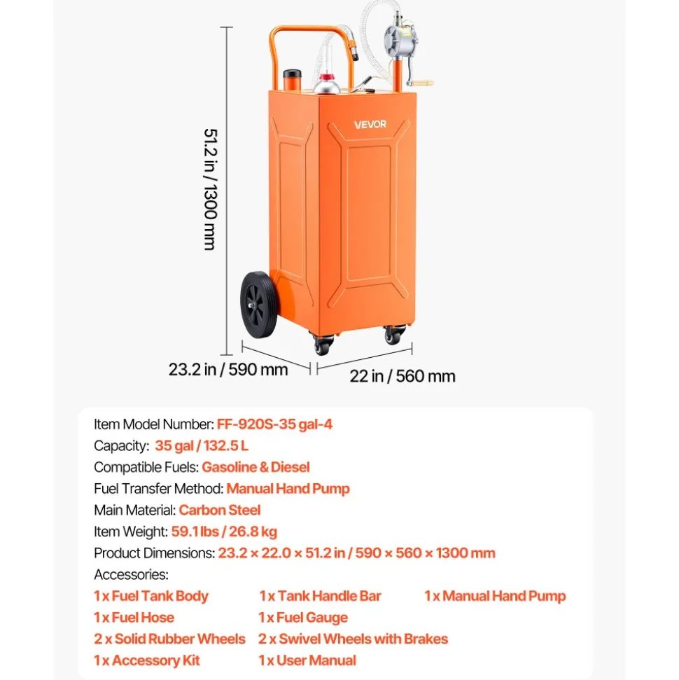 VEVOR 35 Gallon Fuel Gas Caddy, Carbon Steel, Portable Fuel Transfer Storage Tank with Manual Pump & 4 Wheels, Gasoline Diesel Can Container, for Cars, Lawn Mowers, ATVs, Boats, Motorcycles, Orange