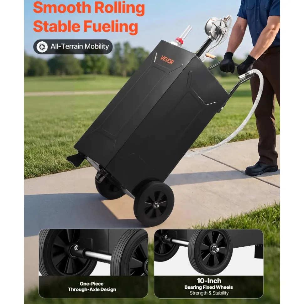 VEVOR 30 Gallon Fuel Gas Caddy, Carbon Steel, Portable Fuel Transfer Storage Tank with Manual Pump & 2 Wheels, Gasoline Diesel Can Container, for Cars, Lawn Mowers, ATVs, Boats, Motorcycles, Black