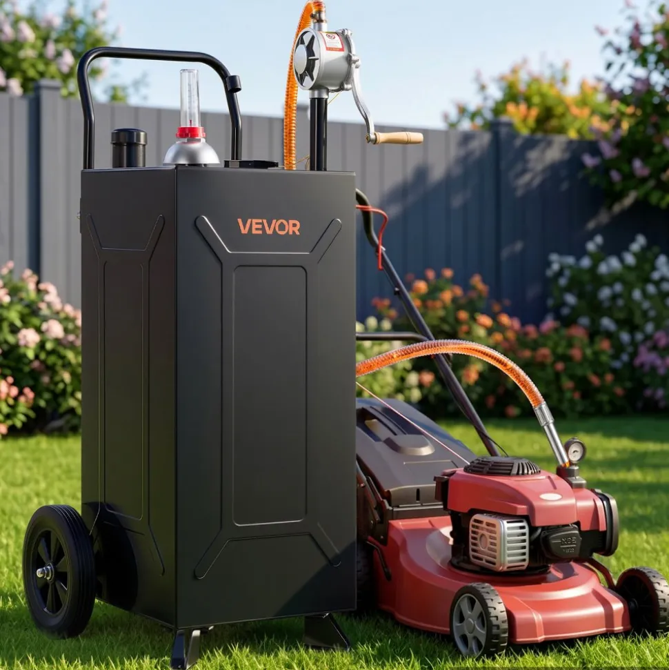 VEVOR 30 Gallon Fuel Gas Caddy, Carbon Steel, Portable Fuel Transfer Storage Tank with Manual Pump & 2 Wheels, Gasoline Diesel Can Container, for Cars, Lawn Mowers, ATVs, Boats, Motorcycles, Black