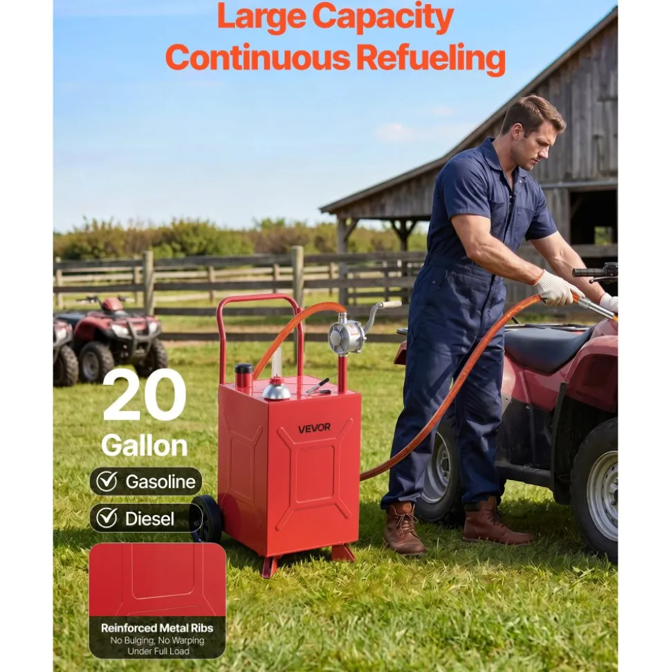 VEVOR 20 Gallon Fuel Gas Caddy, Carbon Steel, Portable Fuel Transfer Storage Tank with Manual Pump & Rolling Wheels, Gasoline Diesel Can Container, for Cars, Lawn Mowers, ATVs, Boats, Motorcycles, Red
