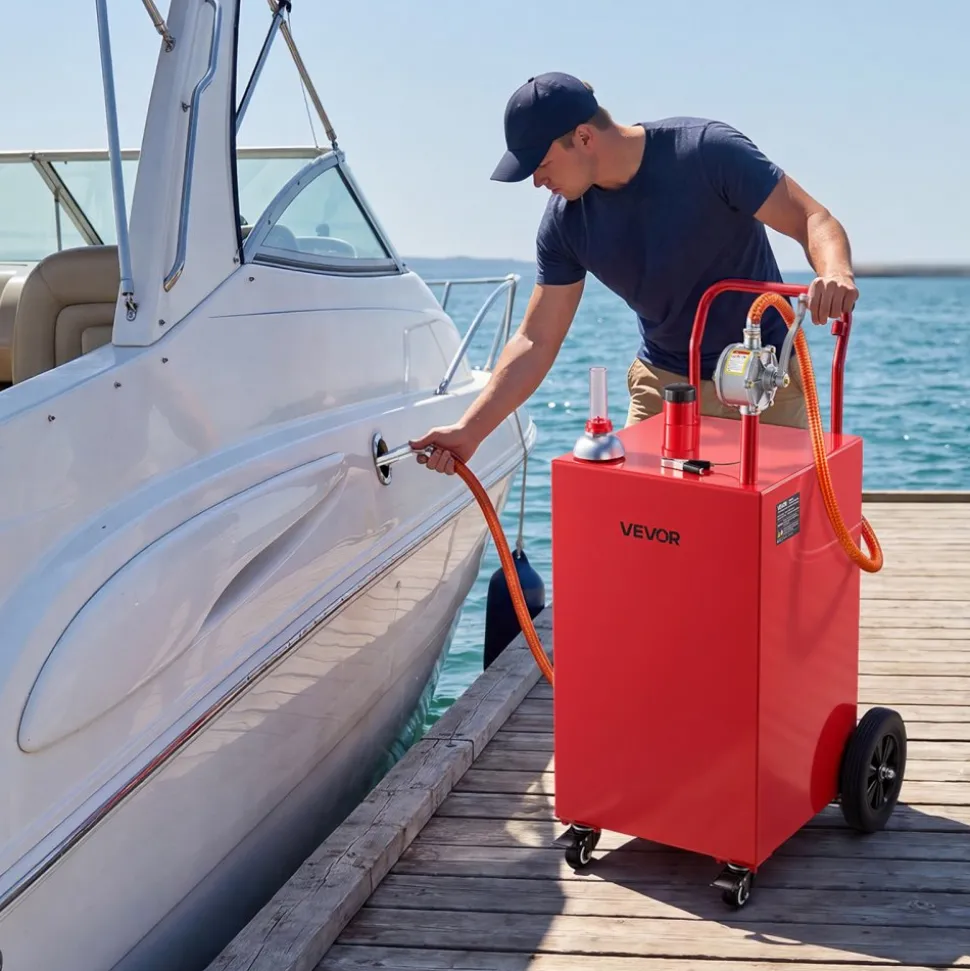 VEVOR 40 Gallon Fuel Gas Caddy, Carbon Steel, Portable Fuel Transfer Storage Tank with Manual Pump and 4 Wheels, Gasoline Diesel Can Container, for Cars, Lawn Mowers, ATVs, Boats, Motorcycles, Red