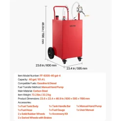 VEVOR 40 Gallon Fuel Gas Caddy, Carbon Steel, Portable Fuel Transfer Storage Tank with Manual Pump and 4 Wheels, Gasoline Diesel Can Container, for Cars, Lawn Mowers, ATVs, Boats, Motorcycles, Red