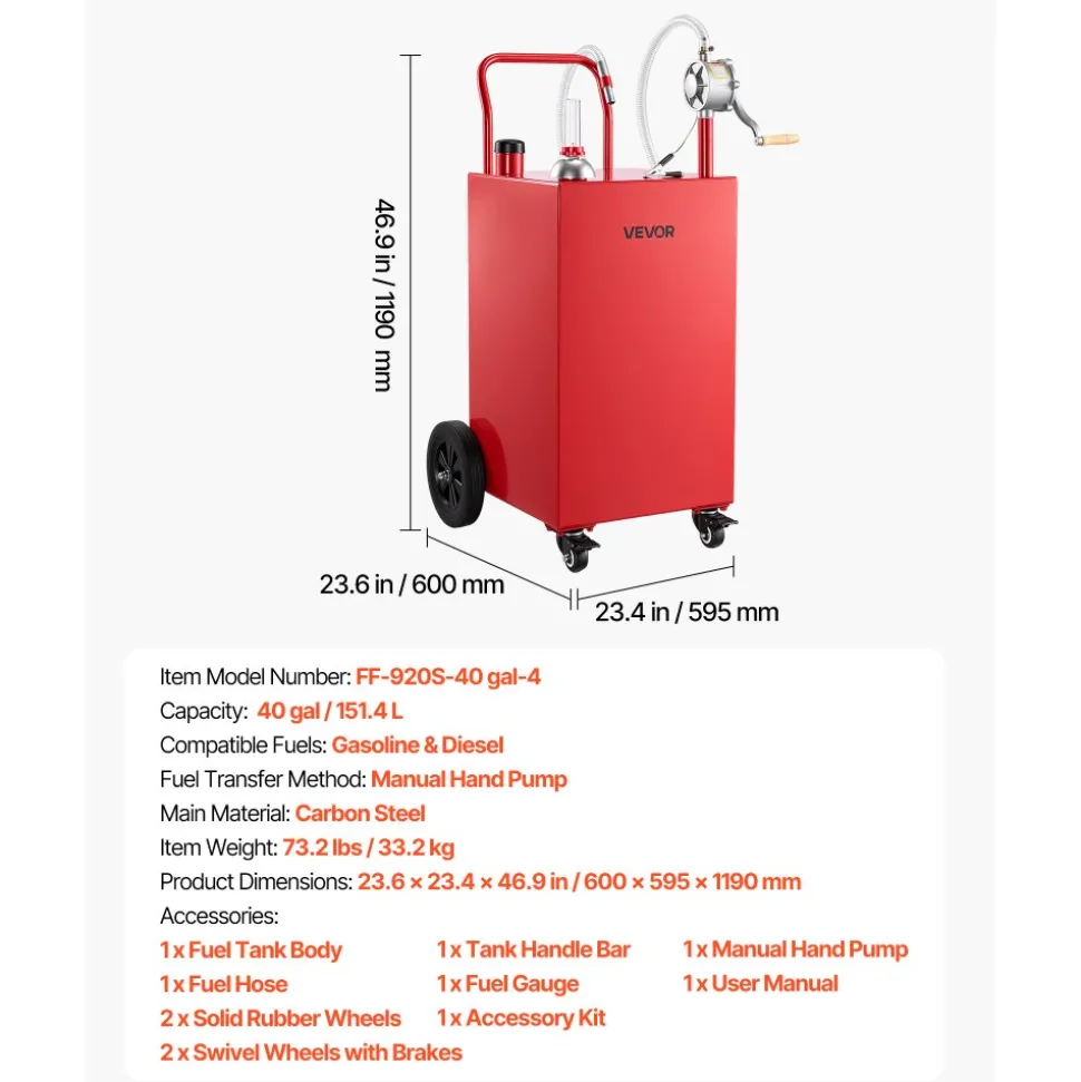 VEVOR 40 Gallon Fuel Gas Caddy, Carbon Steel, Portable Fuel Transfer Storage Tank with Manual Pump and 4 Wheels, Gasoline Diesel Can Container, for Cars, Lawn Mowers, ATVs, Boats, Motorcycles, Red