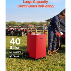 VEVOR 40 Gallon Fuel Gas Caddy, Carbon Steel, Portable Fuel Transfer Storage Tank with Manual Pump and 4 Wheels, Gasoline Diesel Can Container, for Cars, Lawn Mowers, ATVs, Boats, Motorcycles, Red