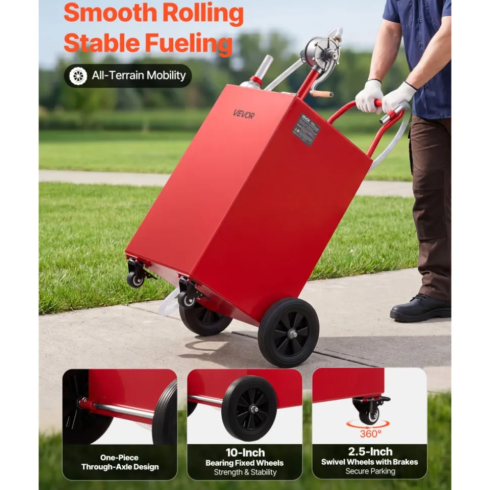 VEVOR 40 Gallon Fuel Gas Caddy, Carbon Steel, Portable Fuel Transfer Storage Tank with Manual Pump and 4 Wheels, Gasoline Diesel Can Container, for Cars, Lawn Mowers, ATVs, Boats, Motorcycles, Red