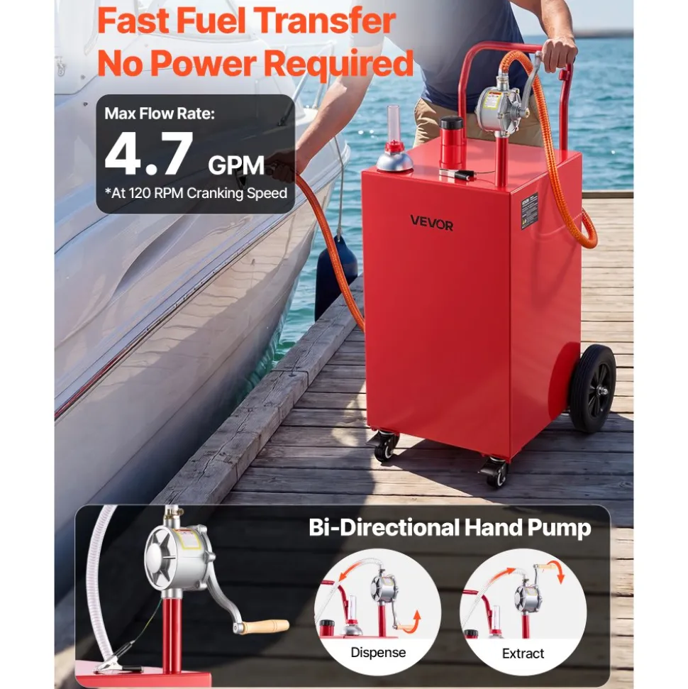 VEVOR 40 Gallon Fuel Gas Caddy, Carbon Steel, Portable Fuel Transfer Storage Tank with Manual Pump and 4 Wheels, Gasoline Diesel Can Container, for Cars, Lawn Mowers, ATVs, Boats, Motorcycles, Red