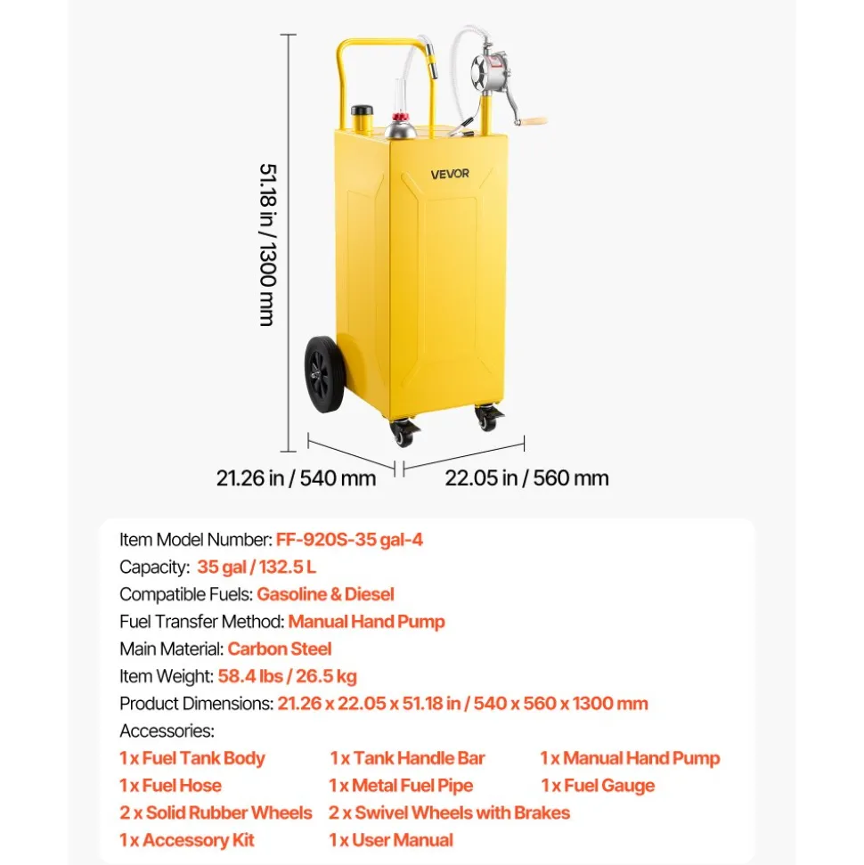 VEVOR 35 Gallon Fuel Gas Caddy, Carbon Steel, Portable Fuel Transfer Storage Tank with Manual Pump and 4 Wheels, Gasoline Diesel Can Container, for Cars, Lawn Mowers, ATVs, Boats, Motorcycles, Red