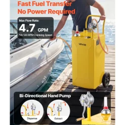 VEVOR 35 Gallon Fuel Gas Caddy, Carbon Steel, Portable Fuel Transfer Storage Tank with Manual Pump & 4 Wheels, Gasoline Diesel Can Container, for Cars, Lawn Mowers, ATVs, Boats, Motorcycles, Yellow