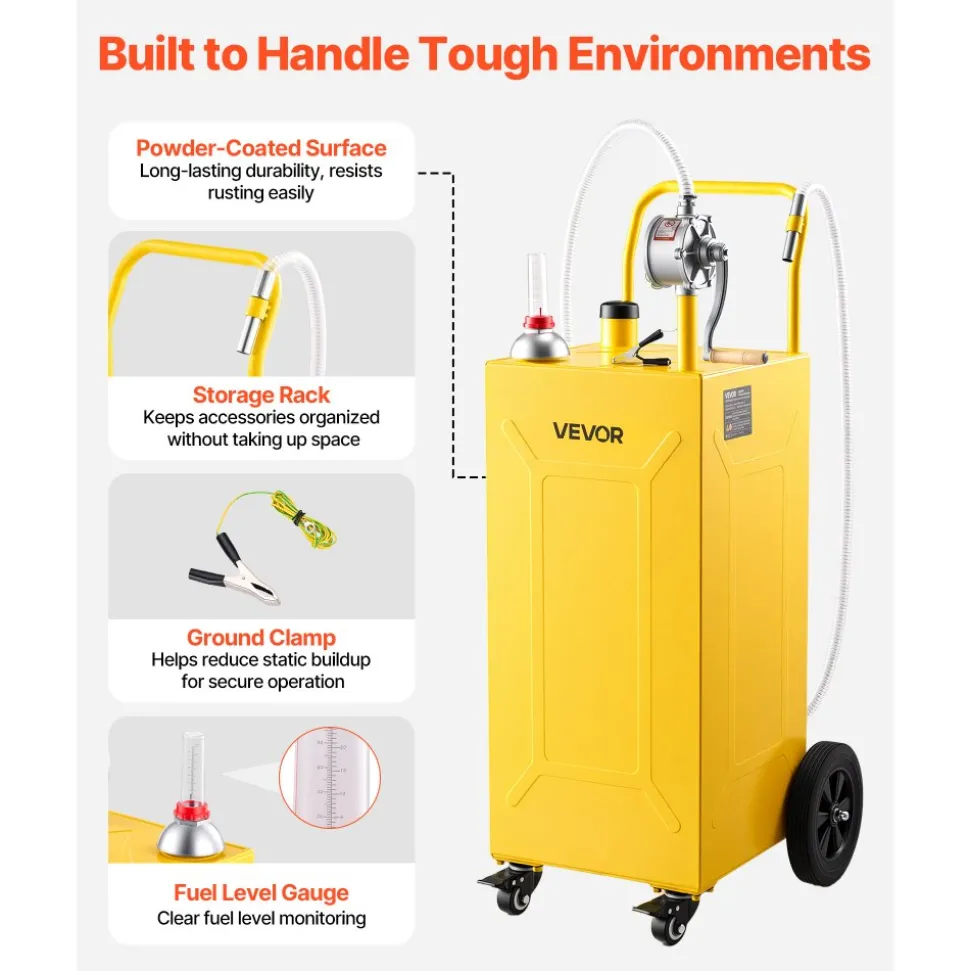 VEVOR 35 Gallon Fuel Gas Caddy, Carbon Steel, Portable Fuel Transfer Storage Tank with Manual Pump and 4 Wheels, Gasoline Diesel Can Container, for Cars, Lawn Mowers, ATVs, Boats, Motorcycles, Red