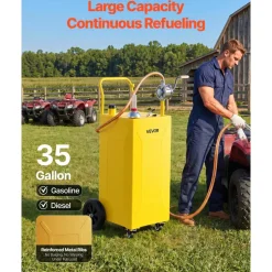 VEVOR 35 Gallon Fuel Gas Caddy, Carbon Steel, Portable Fuel Transfer Storage Tank with Manual Pump and 4 Wheels, Gasoline Diesel Can Container, for Cars, Lawn Mowers, ATVs, Boats, Motorcycles, Red