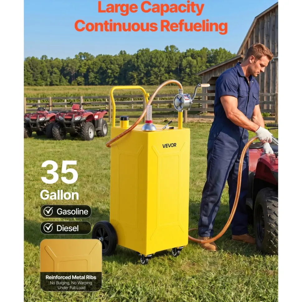 VEVOR 35 Gallon Fuel Gas Caddy, Carbon Steel, Portable Fuel Transfer Storage Tank with Manual Pump and 4 Wheels, Gasoline Diesel Can Container, for Cars, Lawn Mowers, ATVs, Boats, Motorcycles, Red