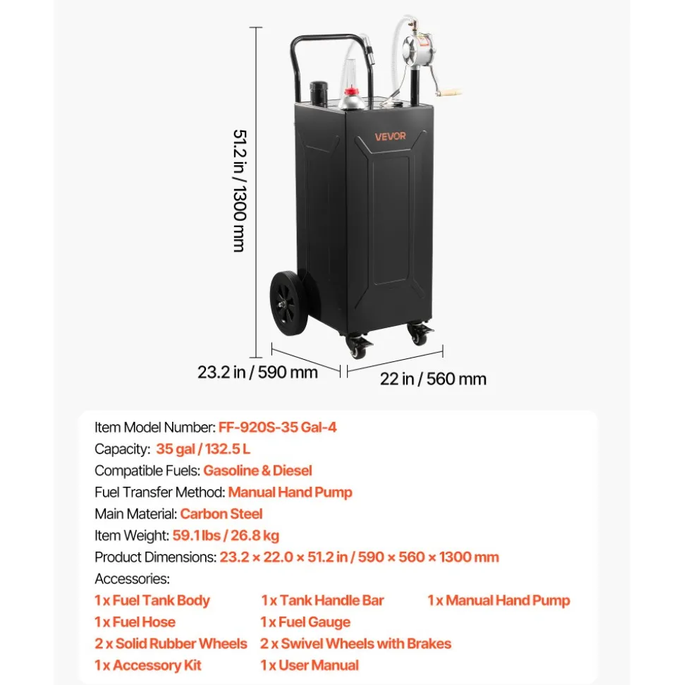 VEVOR 30 Gallon Fuel Gas Caddy, Carbon Steel, Portable Fuel Transfer Storage Tank with Electric Pump & 2 Wheels, Gasoline Diesel Can Container, for Cars, Lawn Mowers, ATVs, Boats, Motorcycles, Red