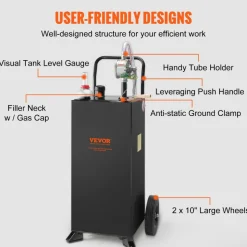 VEVOR 30 Gallon Gas Caddy, Fuel Storage Tank with Wheels, Portable Fuel Caddy with Manuel Transfer Pump, Gasoline Diesel Fuel Container for Cars, Lawn Mowers, ATVs, Boats, More, Black