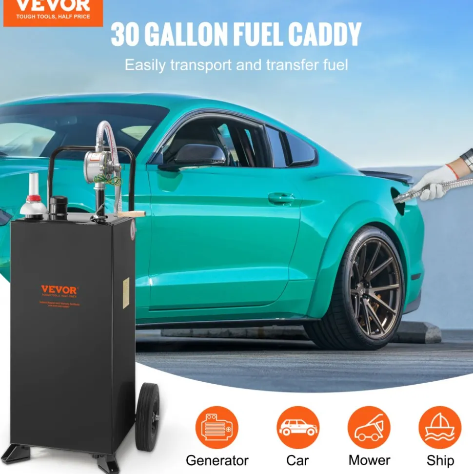 VEVOR 30 Gallon Gas Caddy, Fuel Storage Tank with Wheels, Portable Fuel Caddy with Manuel Transfer Pump, Gasoline Diesel Fuel Container for Cars, Lawn Mowers, ATVs, Boats, More, Black