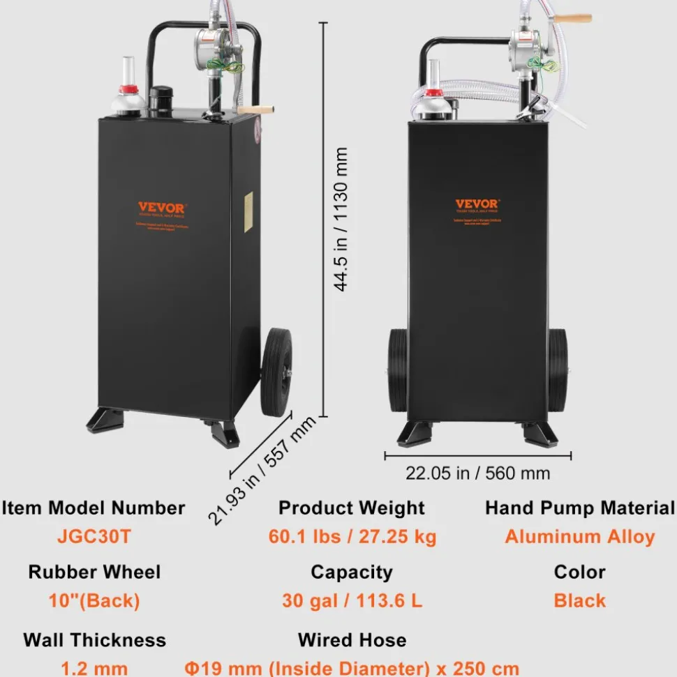 VEVOR 30 Gallon Gas Caddy, Fuel Storage Tank with Wheels, Portable Fuel Caddy with Manuel Transfer Pump, Gasoline Diesel Fuel Container for Cars, Lawn Mowers, ATVs, Boats, More, Black