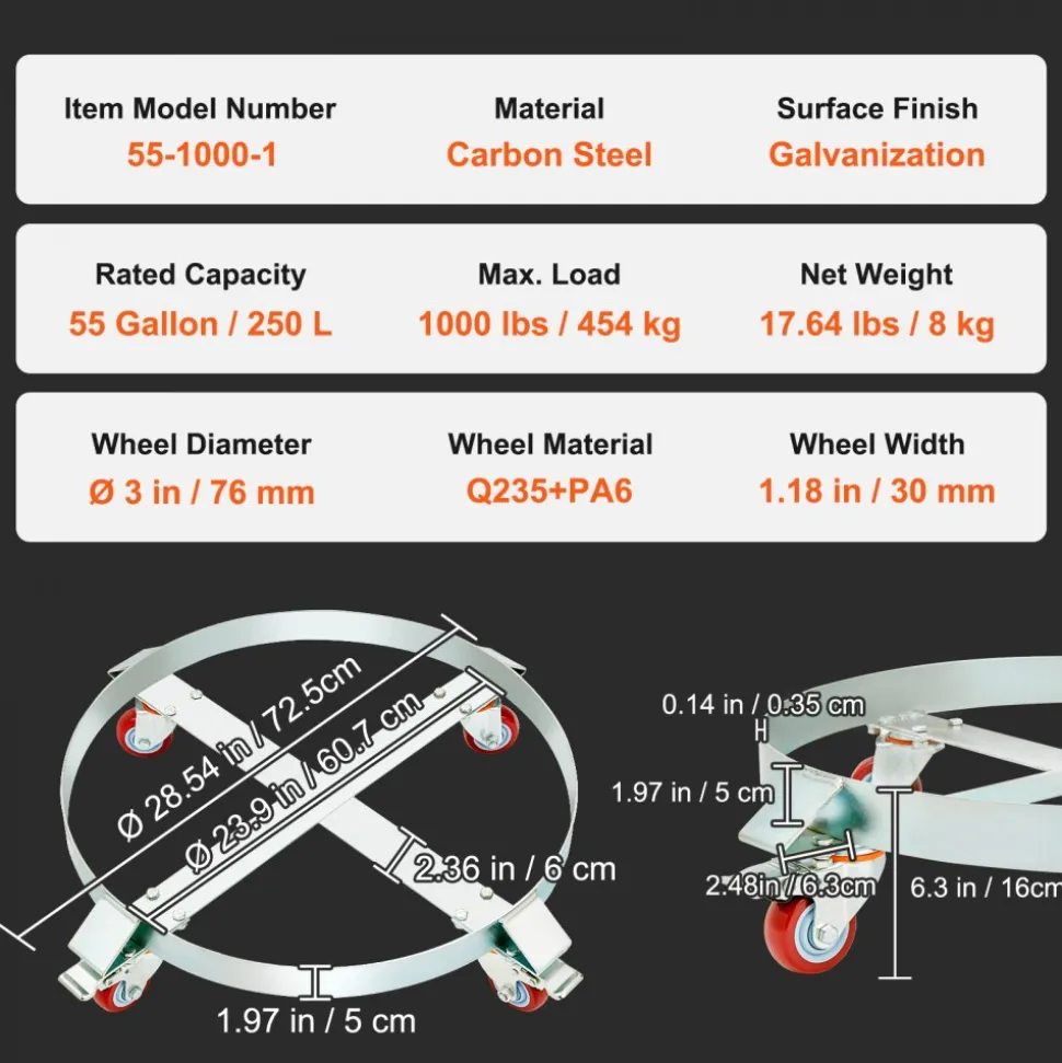 VEVOR 55 Gallon Heavy Duty Drum Dolly, 1000lbs Load Capacity, Barrel Dolly Cart Drum Caddy, Non Tipping Hand Truck Capacity Dollies with Steel Frame 4 Swivel Casters Wheel, for Warehouse Drum Handling