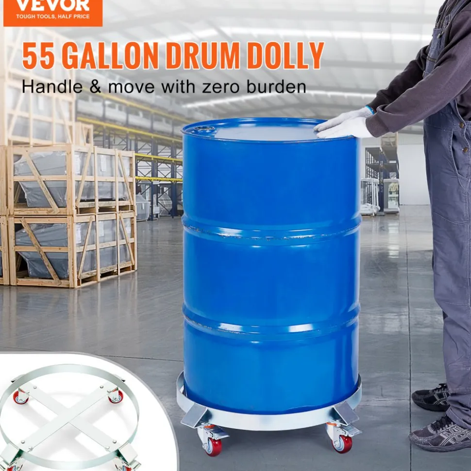 VEVOR 55 Gallon Heavy Duty Drum Dolly, 1000lbs Load Capacity, Barrel Dolly Cart Drum Caddy, Non Tipping Hand Truck Capacity Dollies with Steel Frame 4 Swivel Casters Wheel, for Warehouse Drum Handling