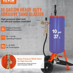 VEVOR 10 Gallon Heavy-Duty Sand Blaster, 60-110 PSI High Pressure Sandblaster, Portable Abrasive Blasting Tank, Air Sand Blasting Kit with 2 Ceramic Nozzles & 7.5ft Hose for Stain, Rust, Paint Removal