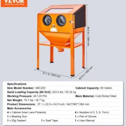 VEVOR 60 Gallon Sandblasting Cabinet, 40-120PSI Sand Blasting Cabinet with Stand, Heavy Duty Steel Sand Blaster with Blasting Gun & 4 Ceramic Nozzles for Paint, Stain, Rust Removal