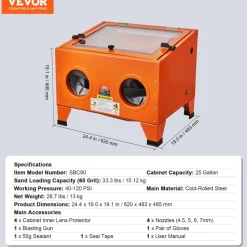 VEVOR 25 Gallon Sandblasting Cabinet, 40-120PSI Portable Benchtop Sand Blasting Cabinet, Heavy Duty Steel Sand Blaster with Blasting Gun & 4 Ceramic Nozzles for Paint, Stain, Rust Removal
