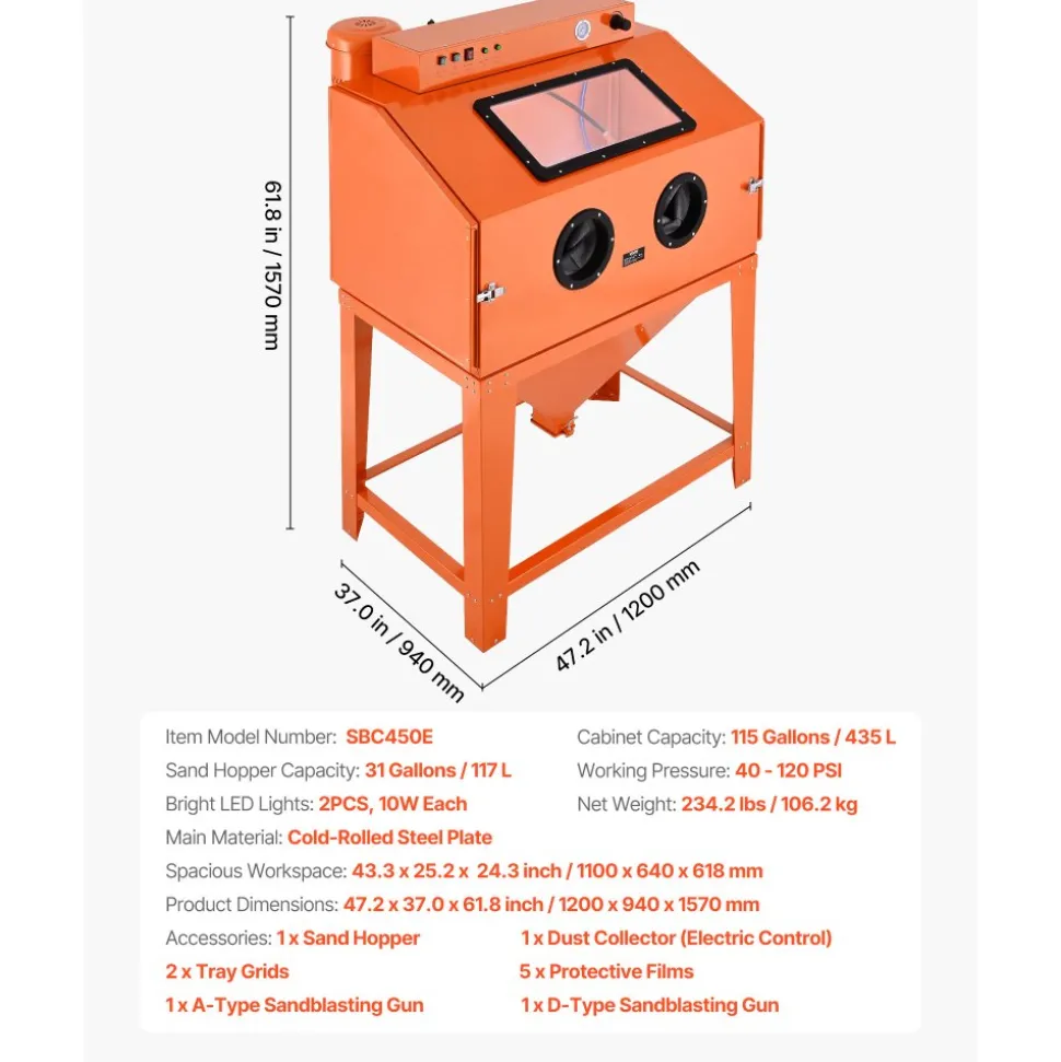 VEVOR 115 Gallon Sandblasting Cabinet, Heavy Duty Steel Sand Blasting Cabinet with 31-Gallon Media Hopper, Dual Blasting Guns & 1.6HP Dust Collector for Oversized Parts Surface Finishing, Rust Removal
