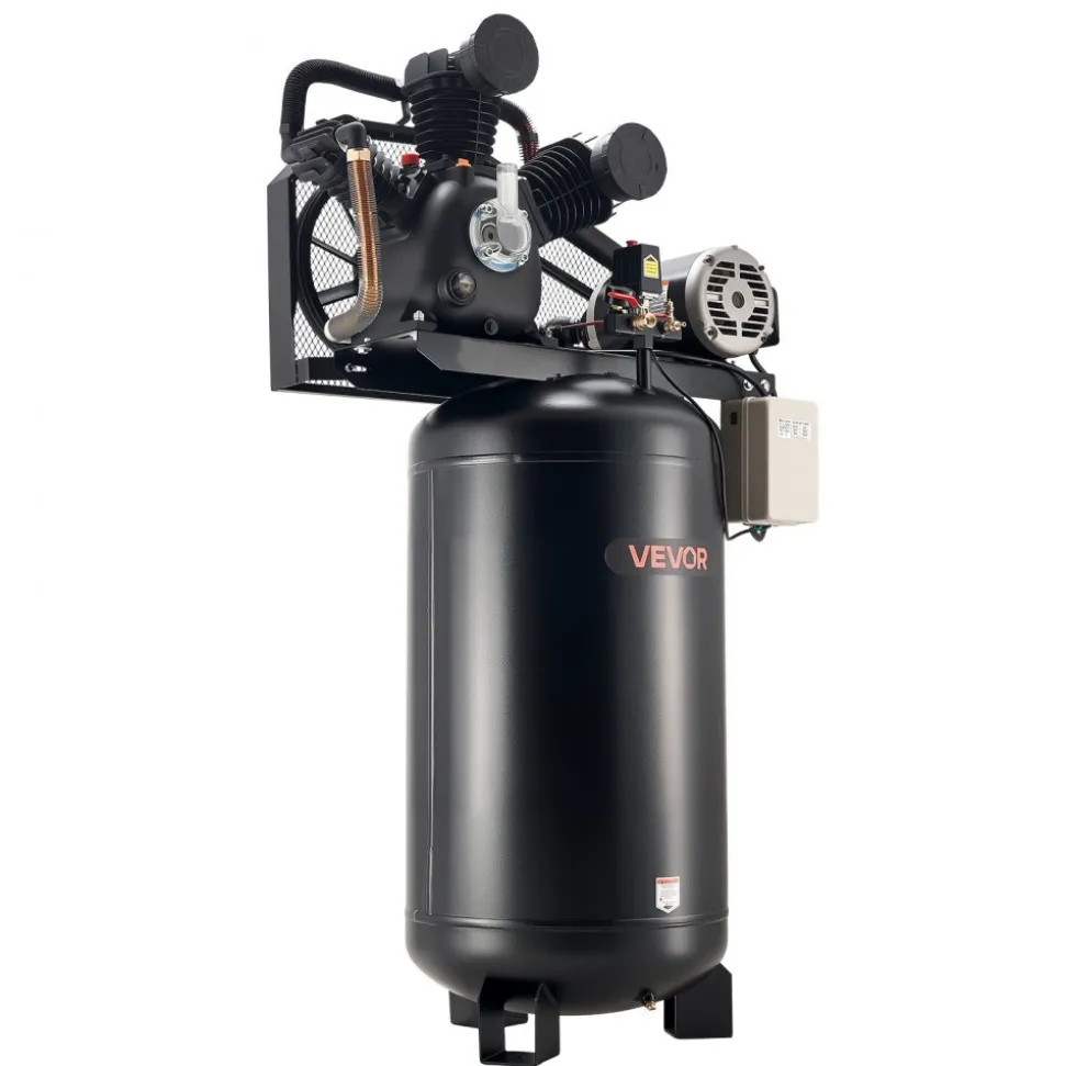 VEVOR 80 Gallons Heavy-Duty Air Compressor, 10HP 17 SCFM at 90PSI Air Compressors Max 175PSI, Oil-Lubricated Compressor Tank for Industrial Manufacturing, Large Workshops (230V 3-Phase, No Plug)